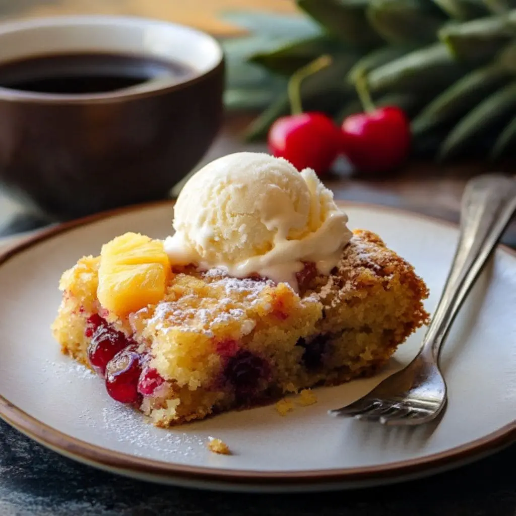 cherry pineapple dump cake with vanilla ice cream 1 1